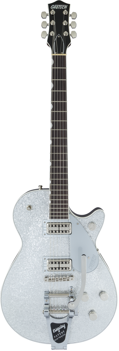 Full frontal of Gretsch G6129T Players Edition Jet FT w/Bigsby RW Silver Sparkle.