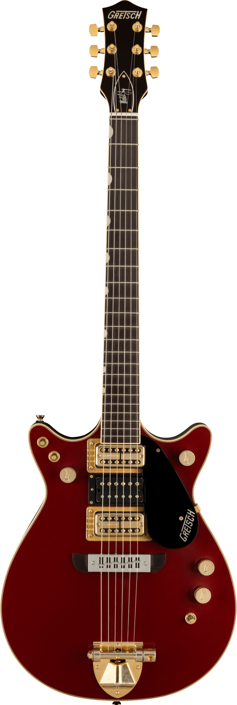 Full frontal of Gretsch G6131-MY-RB Limited Edition Malcolm Young Signature Jet Vintage Firebird Red.