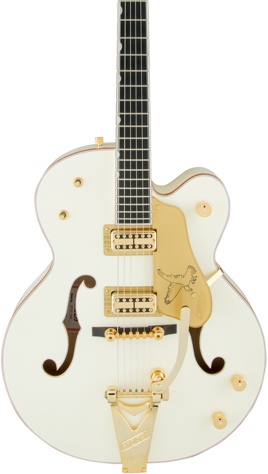 Front of Gretsch  G6136T-59 Vintage Select Edition 59 Falcon Hollow Body with Bigsby TV Jones Vintage White Lacquer.