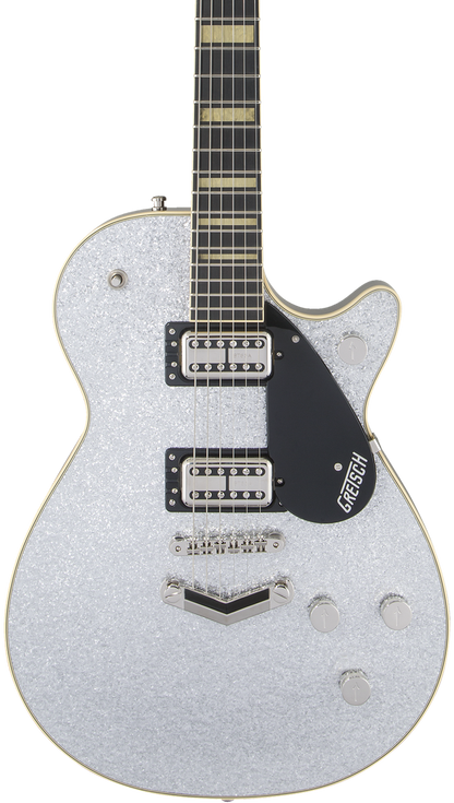 Front of Gretsch G6229 Players Edition Jet BT with V-Stoptail Rosewood Fingerboard Silver Sparkle.