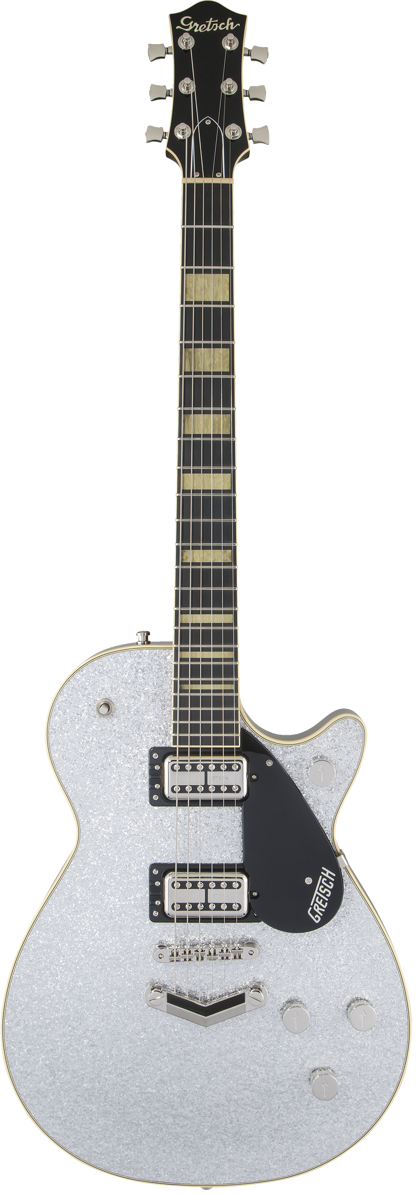 Full frontal of Gretsch G6229 Players Edition Jet BT with V-Stoptail Rosewood Fingerboard Silver Sparkle.