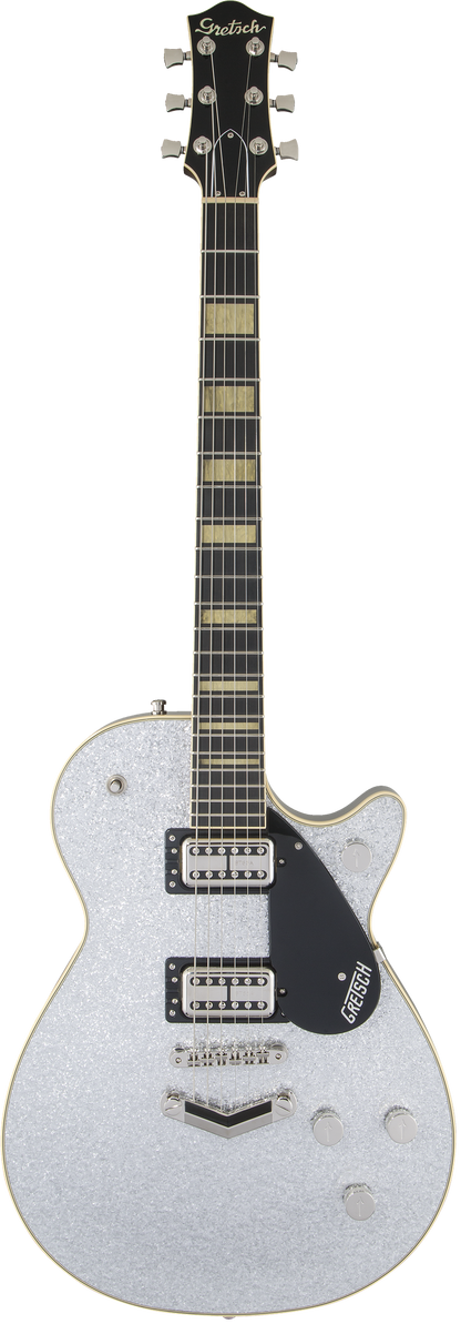 Full frontal of Gretsch G6229 Players Edition Jet BT with V-Stoptail Rosewood Fingerboard Silver Sparkle.