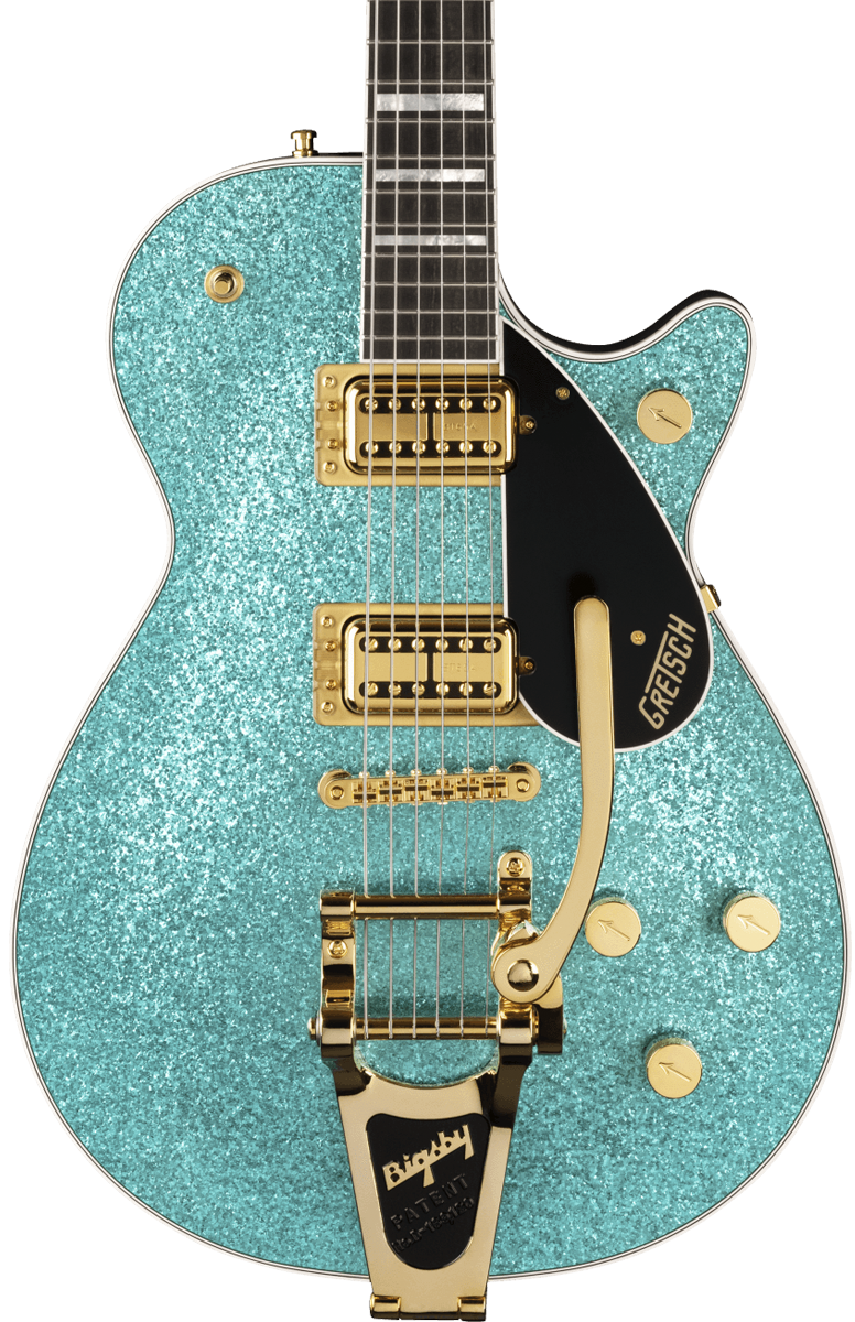 Front of Gretsch G6229TG Limited Edition Players Edition Sparkle Jet BT w/Bigsby Ocean Turquoise Sparkle.