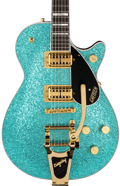 Front of Gretsch G6229TG Limited Edition Players Edition Sparkle Jet BT w/Bigsby Ocean Turquoise Sparkle.