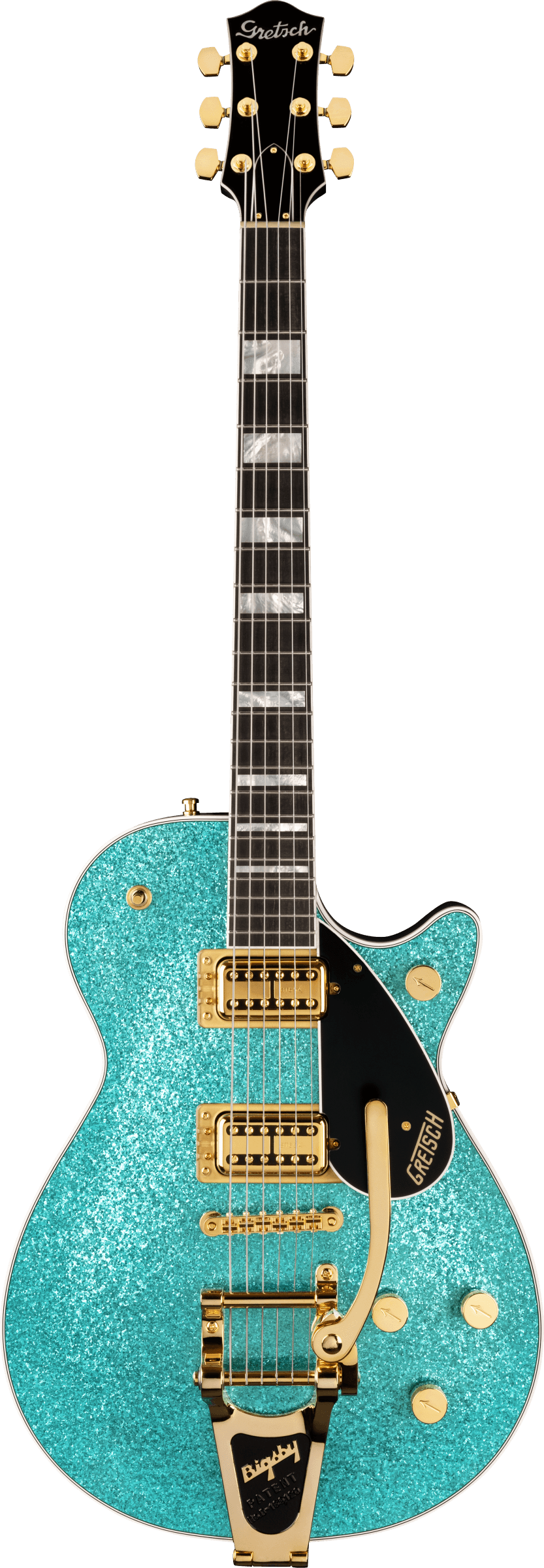 Full frontal of Gretsch G6229TG Limited Edition Players Edition Sparkle Jet BT w/Bigsby Ocean Turquoise Sparkle.