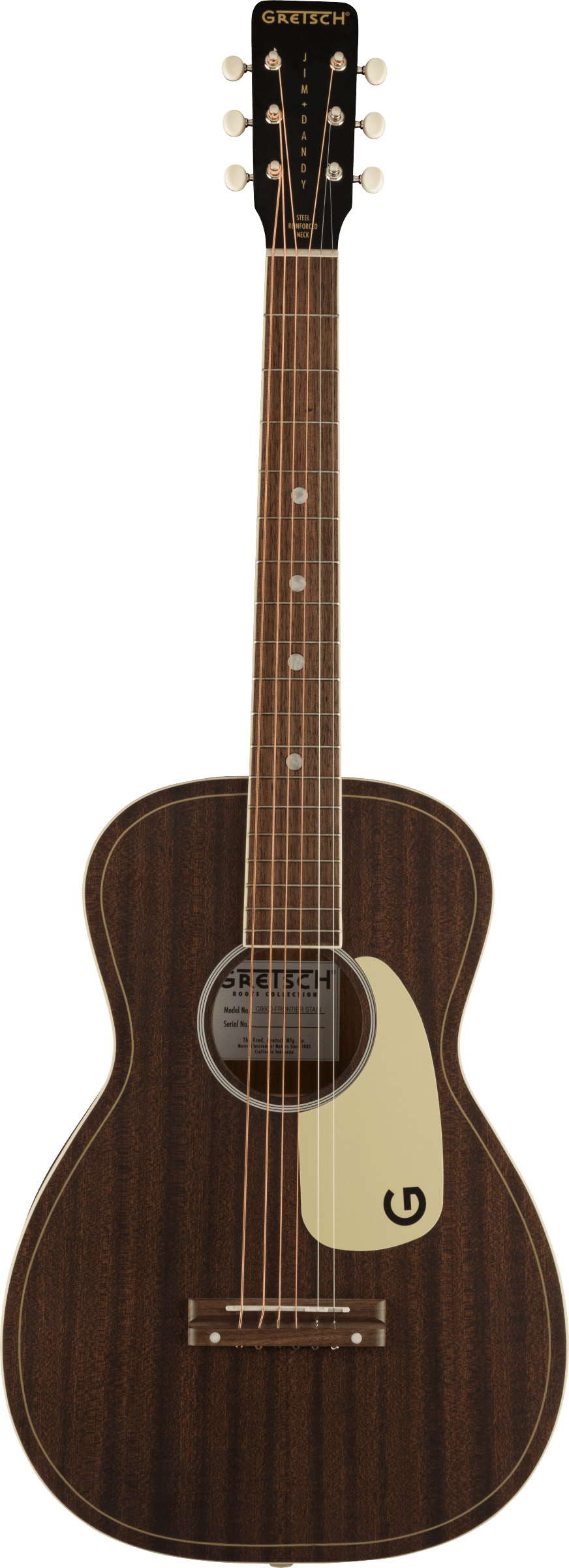 Full frontal of Gretsch G9500 Jim Dandy Black Walnut Fingerboard Frontier Stain.