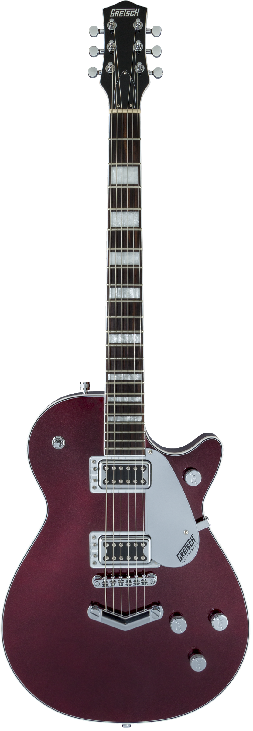 Full frontal of Used Gretsch G5220 Electromatic Jet BT Single-Cut with V-Stoptail Dark Cherry Metallic.