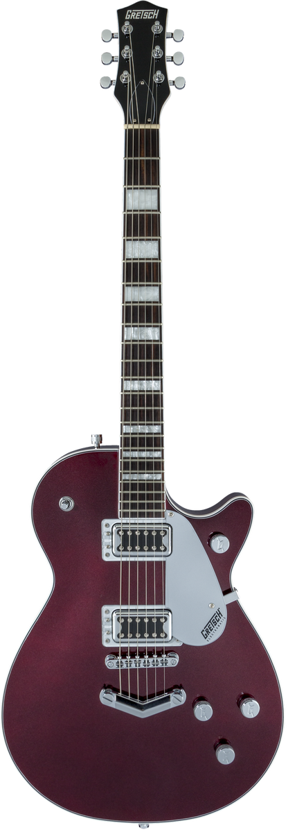 Full frontal of Used Gretsch G5220 Electromatic Jet BT Single-Cut with V-Stoptail Dark Cherry Metallic.