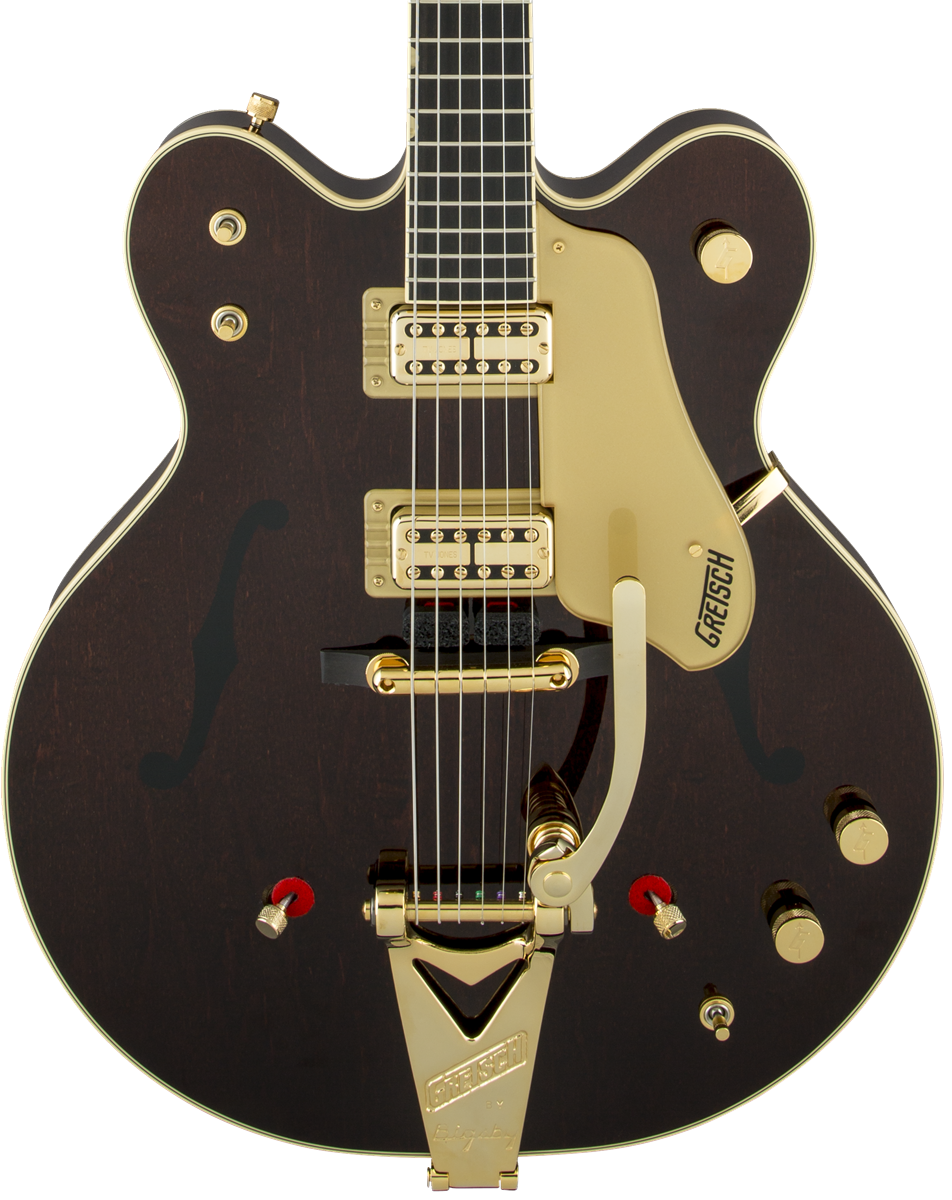 Front of Gretsch G6122T-62 Vintage Select Edition '62 Chet Atkins Country Gentleman w/Bigsby TV Jones Walnut Stain.