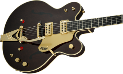 Close up of Gretsch G6122T-62 Vintage Select Edition '62 Chet Atkins Country Gentleman w/Bigsby TV Jones Walnut Stain body.