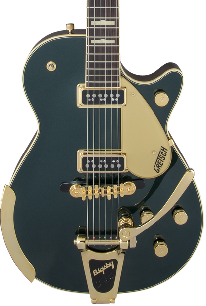 Front of Gretsch G6128T-57 Vintage Select ’57 Duo Jet w/Bigsby TV Jones Cadillac Green.