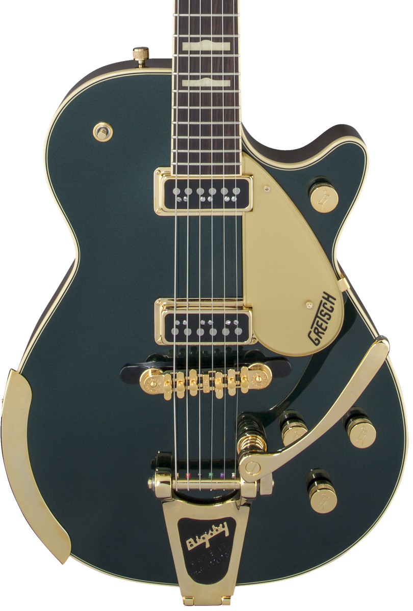 Front of Gretsch G6128T-57 Vintage Select ’57 Duo Jet w/Bigsby TV Jones Cadillac Green.