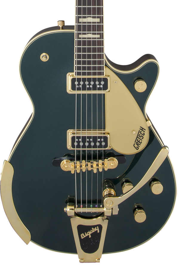 Front of Gretsch G6128T-57 Vintage Select ’57 Duo Jet w/Bigsby TV Jones Cadillac Green.
