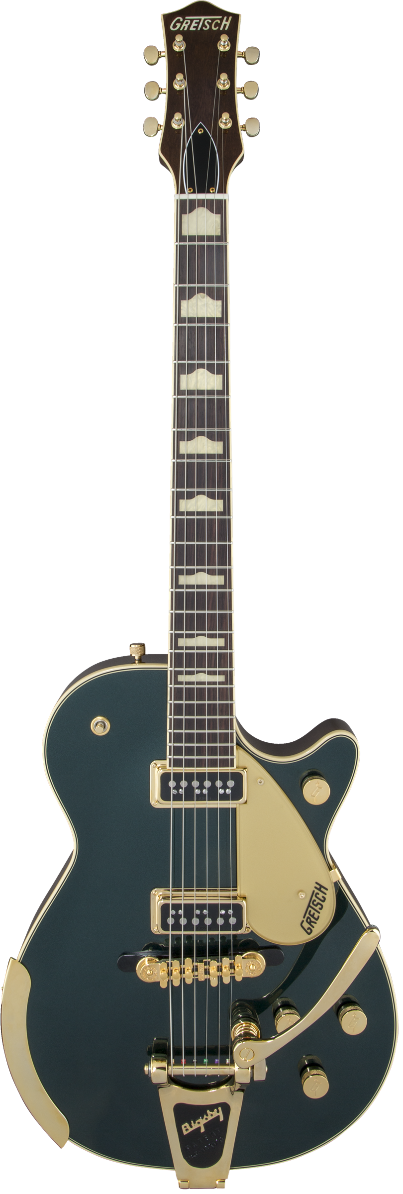 Full frontal of Gretsch G6128T-57 Vintage Select ’57 Duo Jet w/Bigsby TV Jones Cadillac Green.