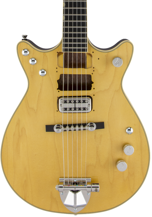 Front of Gretsch G6131T-MY Malcolm Young Signature Jet Ebony Fingerboard Natural.