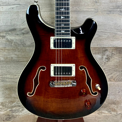 Front of PRS Paul Reed Smith SE Hollowbody II Black Gold Burst.