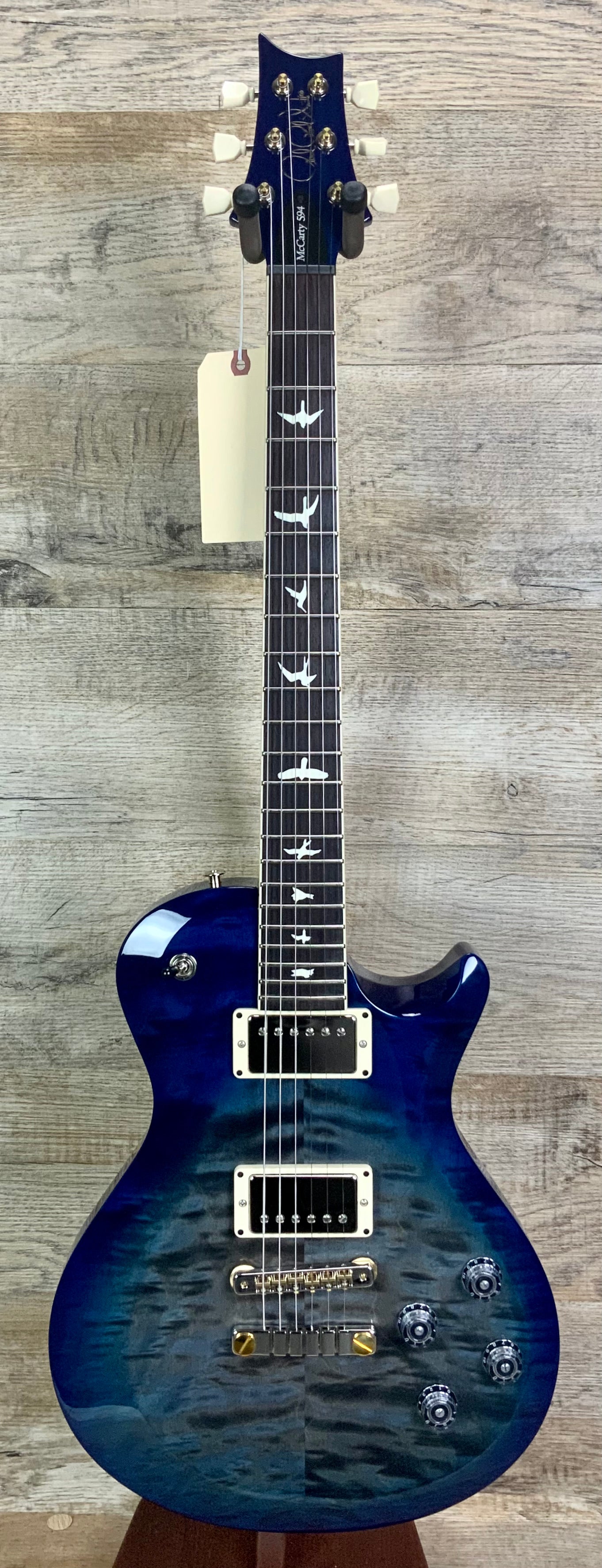 Full frontal of PRS Paul Reed Smith S2 McCarty 594 Singlecut Quilt Faded Gray Black Blue Burst.