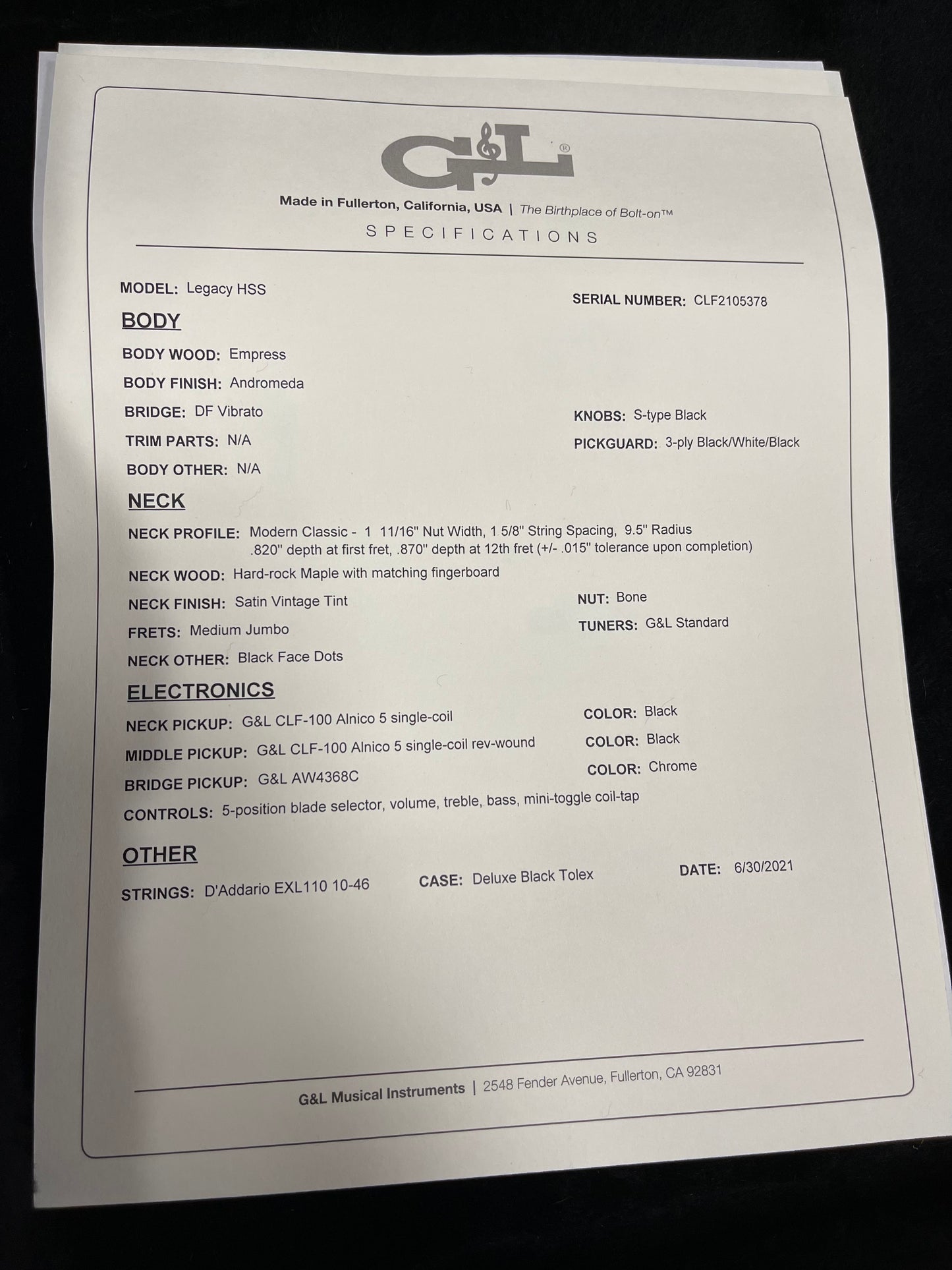 G&L USA Legacy HSS Andromeda MP specifications.