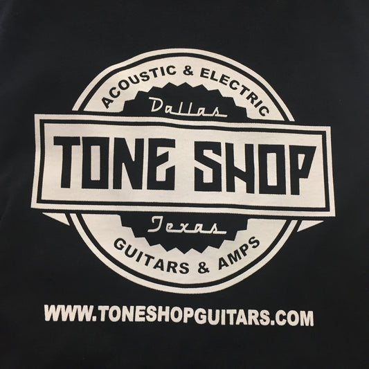 Close up of logo on Tone Shop Guitars T-Shirt XL.