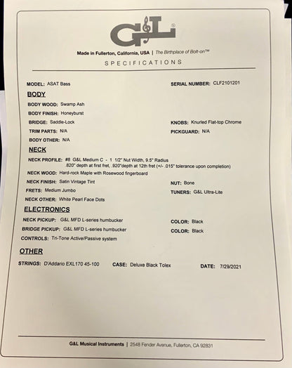 G&L USA ASAT Bass Honeyburst Ash RW specifications.