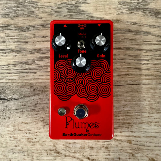 Top down of EarthQuaker Devices Plumes Tone Shop Custom Candy Apple Red.