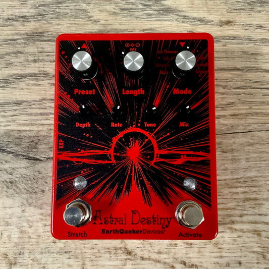Top down of EarthQuaker Devices Astral Destiny Tone Shop Custom Candy Apple Red.