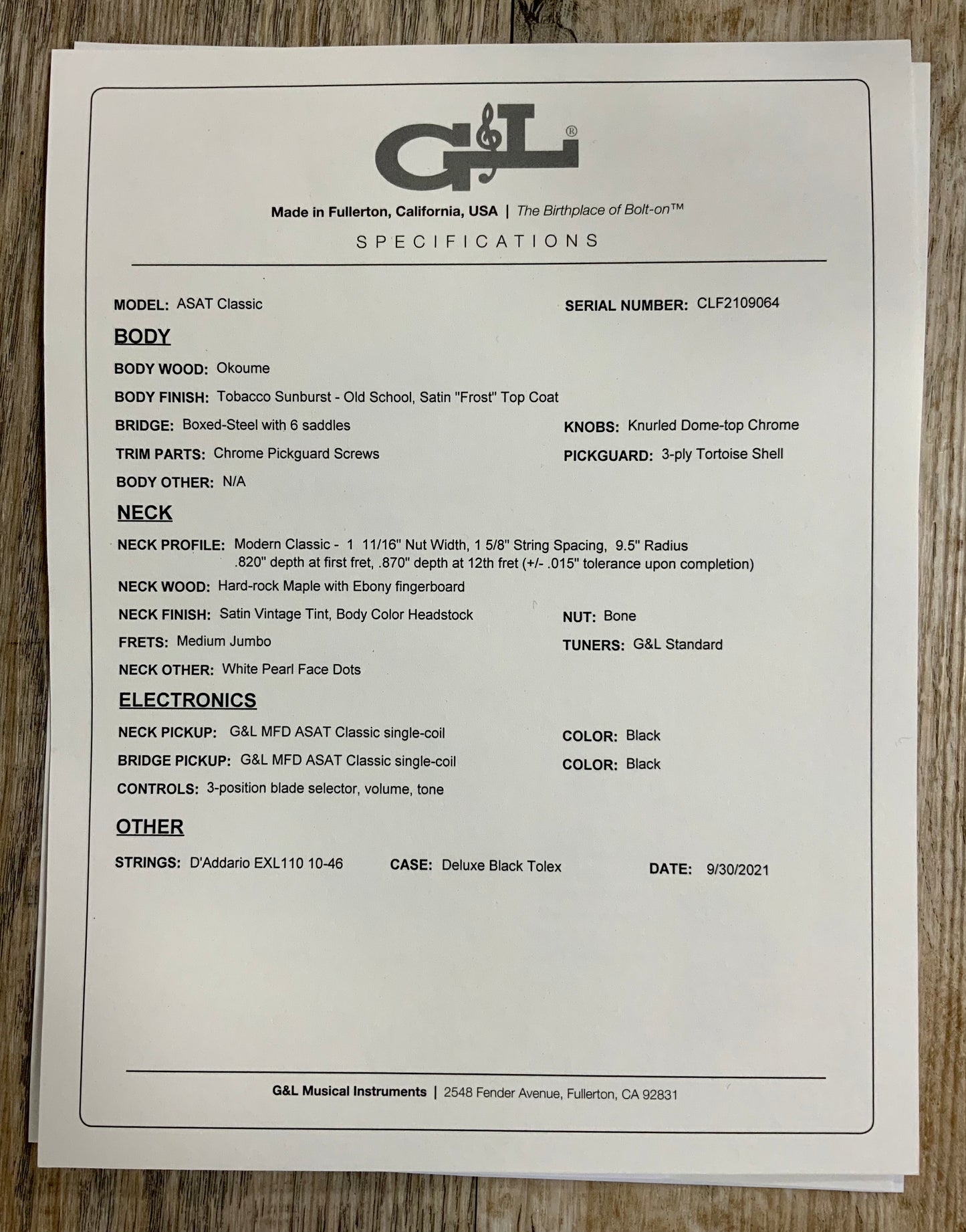 Open Box G~andL USA ASAT Classic Old School Tobacco Sunburst Frost Matching Headstock  w/case