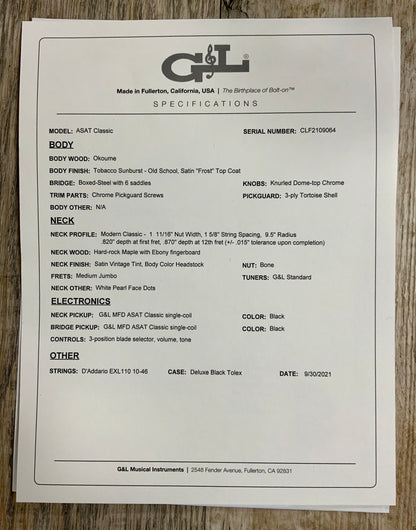 Open Box G~andL USA ASAT Classic Old School Tobacco Sunburst Frost Matching Headstock  w/case