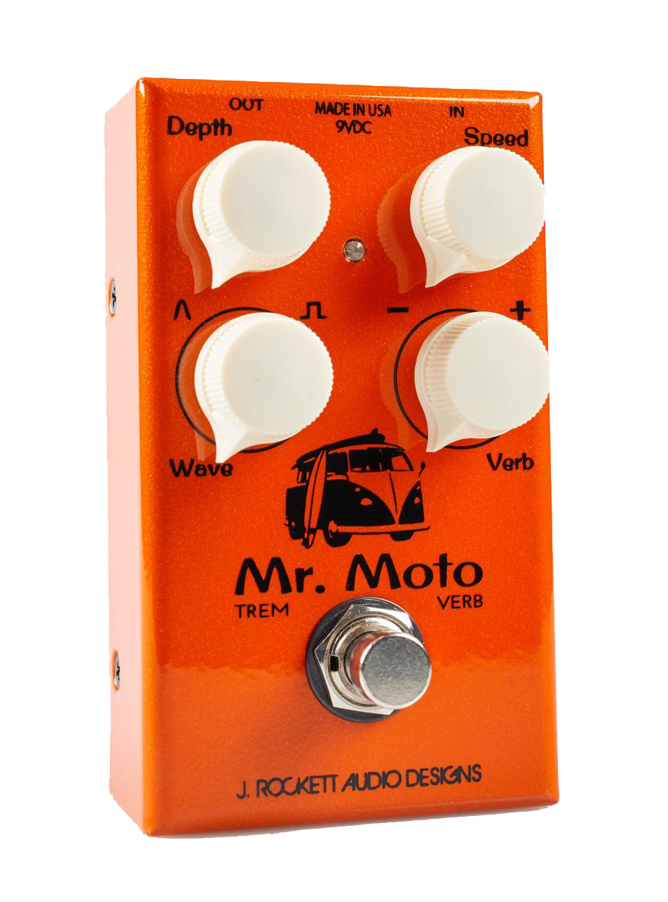 Top down of J Rockett Mr. Moto Tremolo/ Spring Reverb.