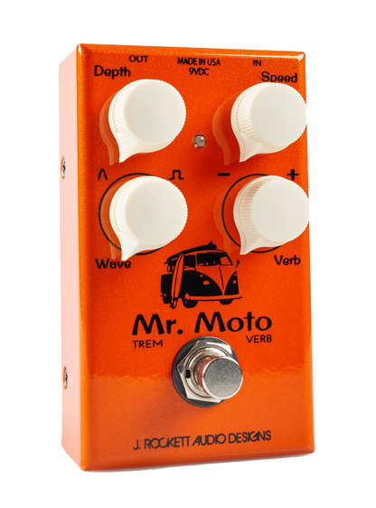 Top down of J Rockett Mr. Moto Tremolo/ Spring Reverb.