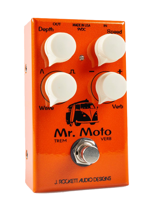 Top down of J Rockett Mr. Moto Tremolo/ Spring Reverb.