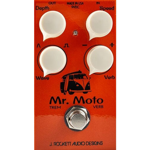 Top down of J Rockett Mr. Moto Tremolo/ Spring Reverb.