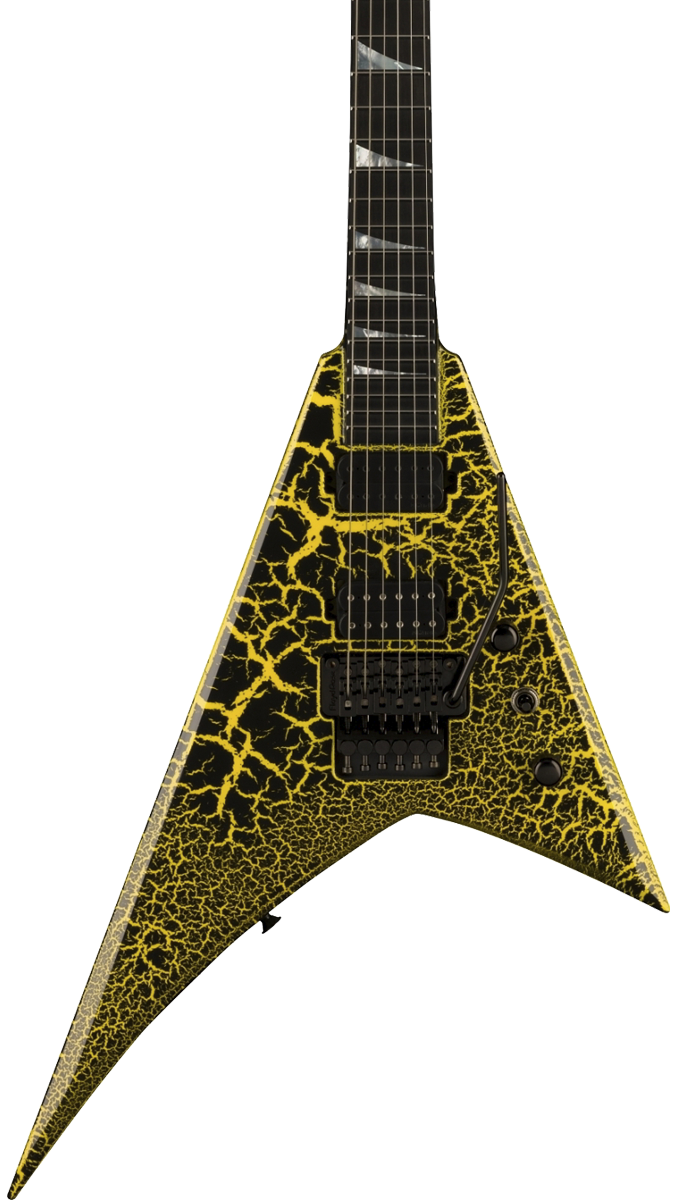 Front of body of Jackson Custom Shop Limited Edition Randy Rhoads Nos Black With Yellow Crackle.