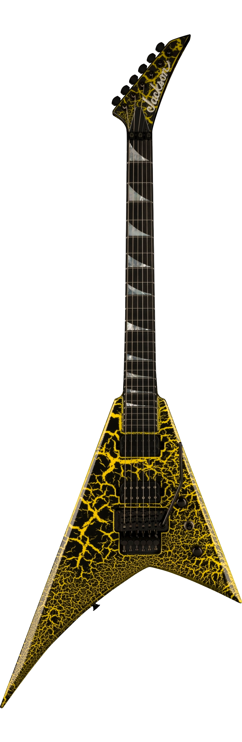 Full front of Jackson Custom Shop Limited Edition Randy Rhoads Nos Black With Yellow Crackle.