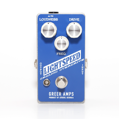 Top down of Greer Amps Lightspeed Organic Overdrive white background.