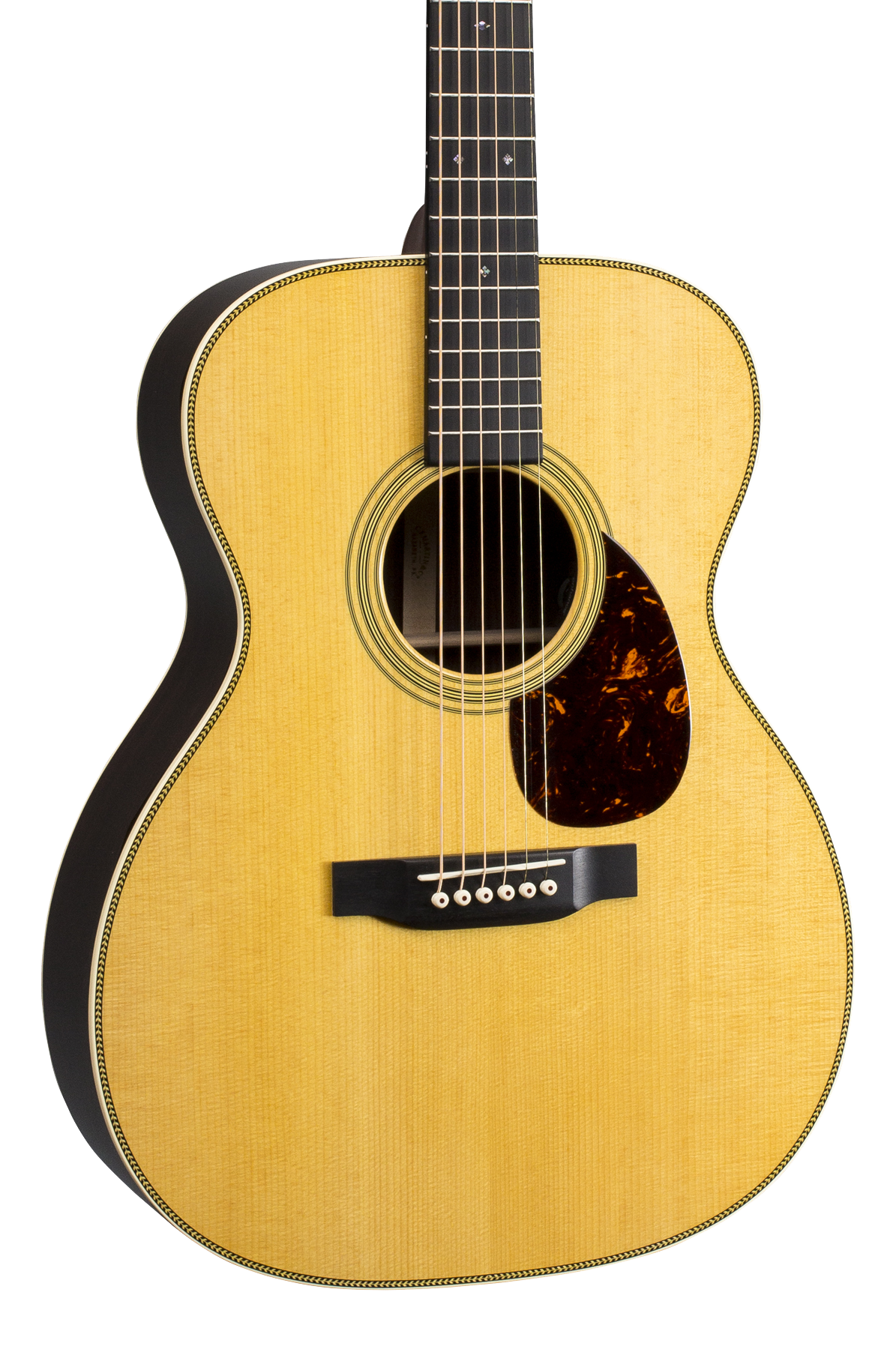 Front angle of Martin OM-28E w/LR Baggs Anthem Electronics Natural.