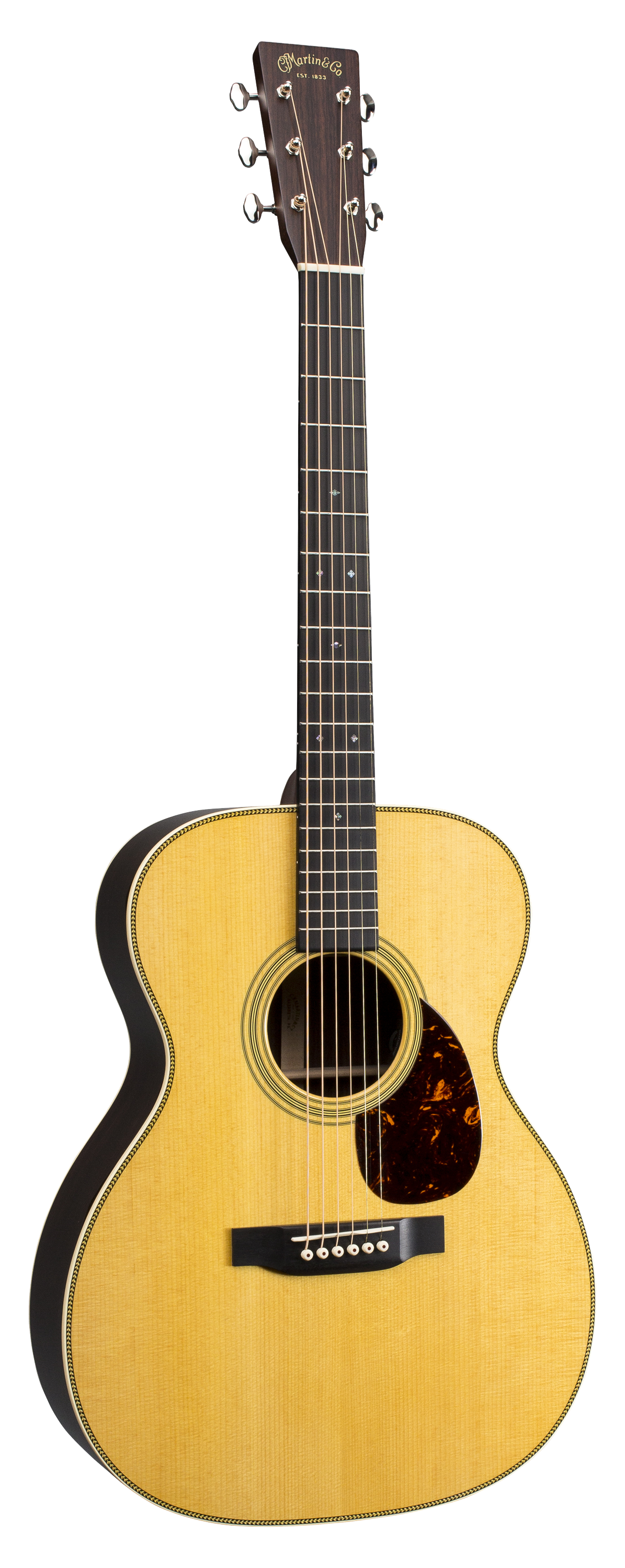 Full front angle of Martin OM-28E w/LR Baggs Anthem Electronics Natural.