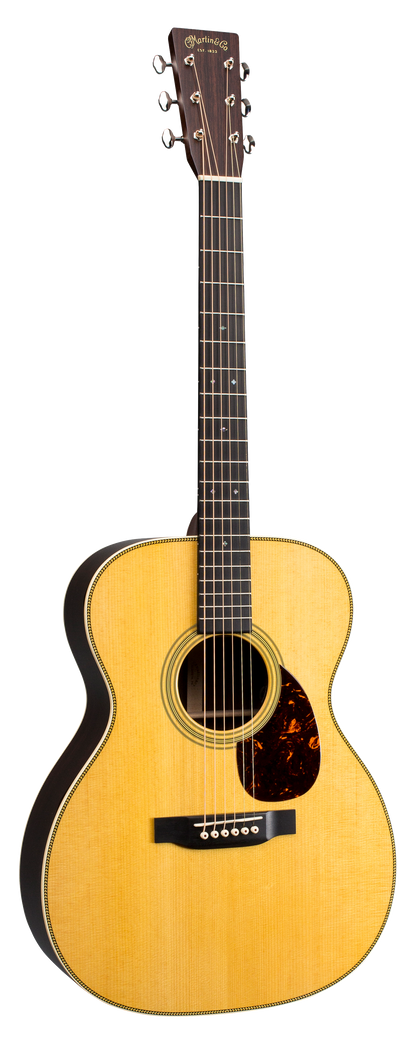 Full front angle of Martin OM-28E w/LR Baggs Anthem Electronics Natural.