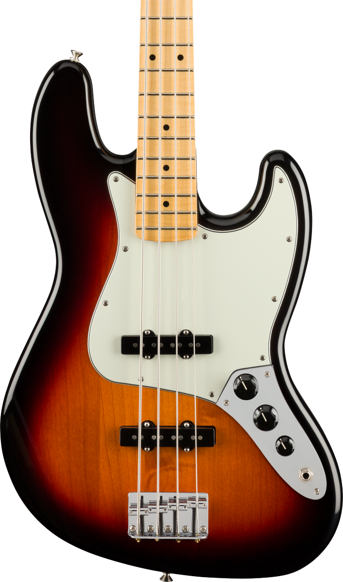 Front of Fender Player Jazz Bass MP 3-Color Sunburst.