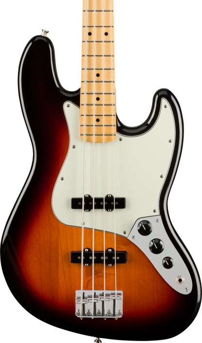 Front of Fender Player Jazz Bass MP 3-Color Sunburst.