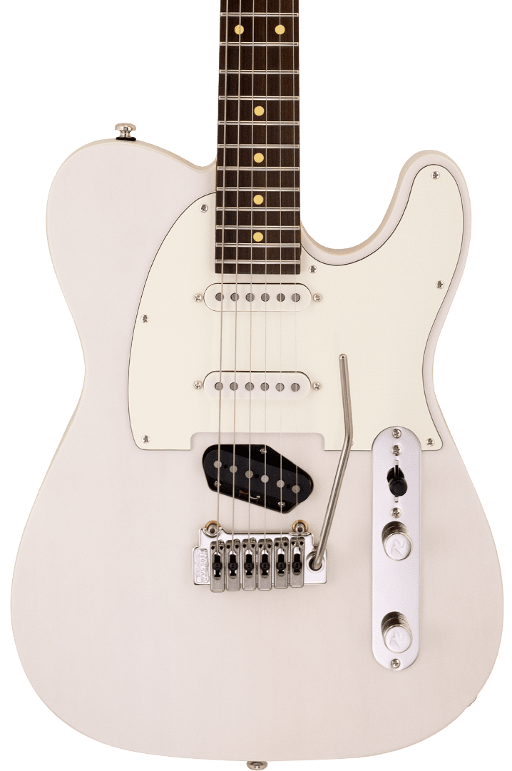 Front of Reverend PA2S Pete Anderson Eastsider S Satin Trans White.