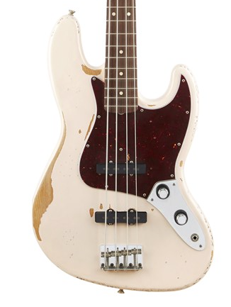 Front of Fender Flea Signature Jazz Bass Road Worn RW Faded Shell Pink.