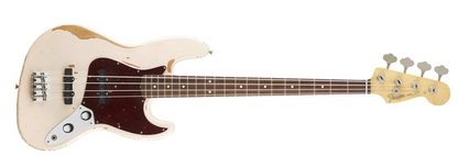 Full frontal of Fender Flea Signature Jazz Bass Road Worn RW Faded Shell Pink.