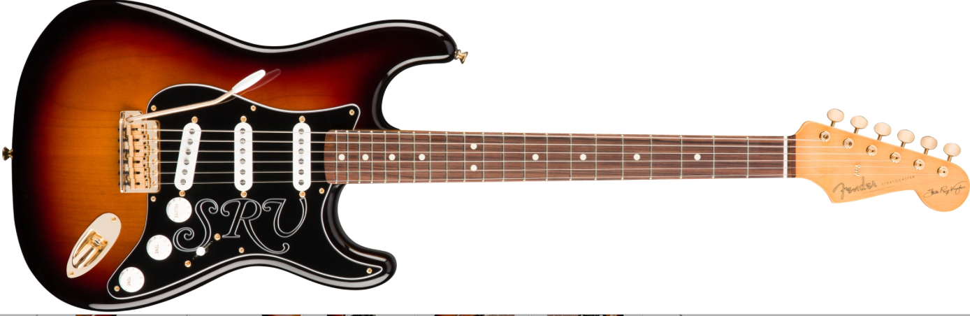 Full frontal of Fender Stevie Ray Vaughan Stratocaster 3-Tone Sunburst.