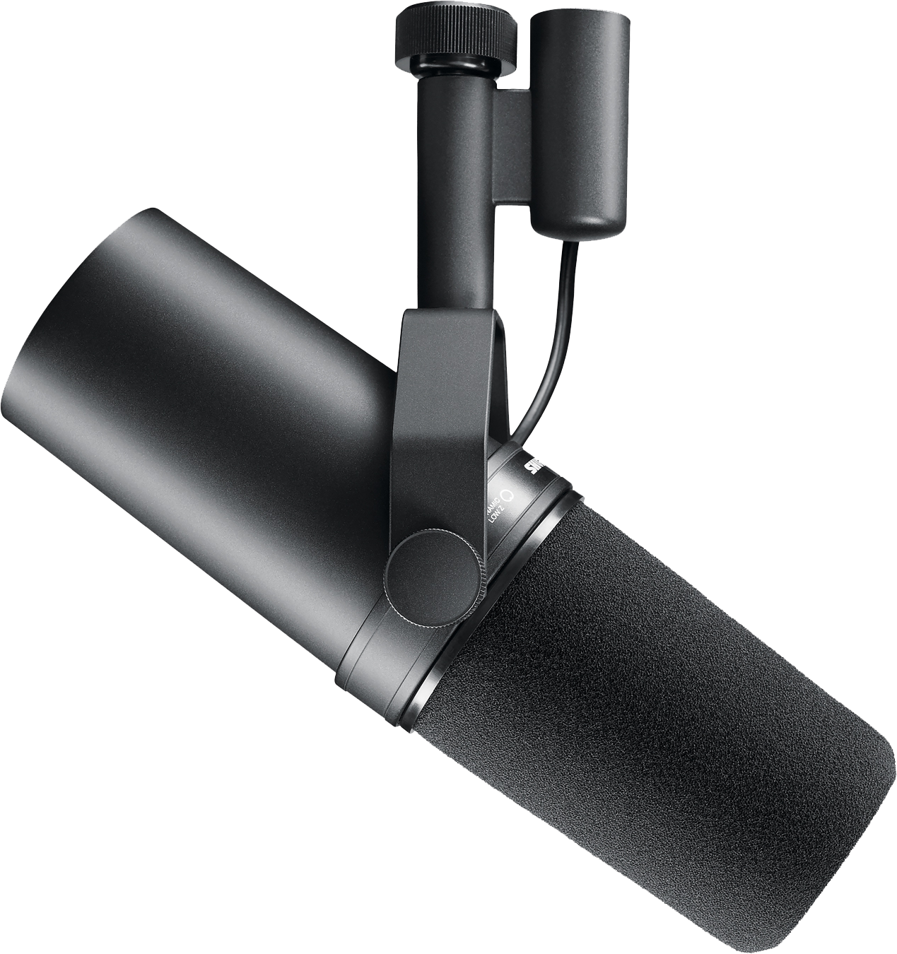 Side angle of Shure SM7B Dynamic Studio Vocal Microphone.