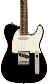 Front of Squier Classic Vibe Baritone Custom Telecaster Laurel Fingerboard Parchment Pickguard Black.