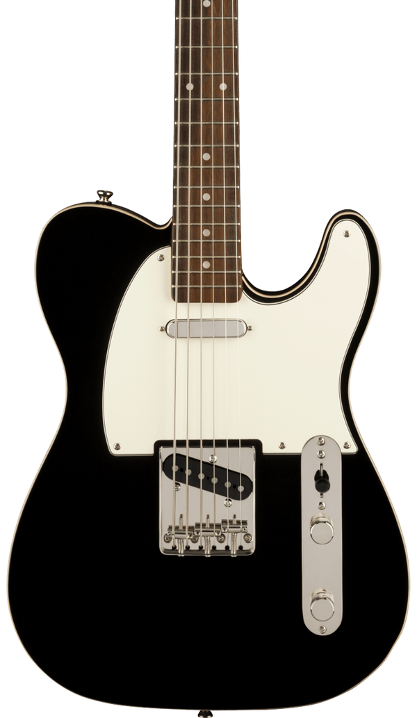 Front of Squier Classic Vibe Baritone Custom Telecaster Laurel Fingerboard Parchment Pickguard Black.
