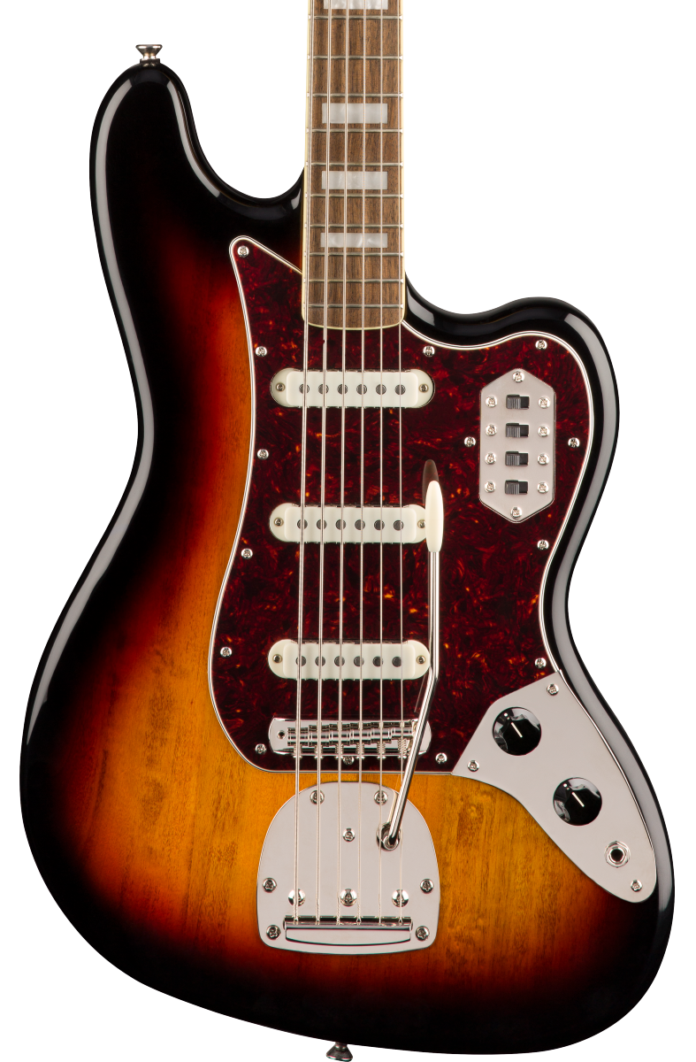 Front of Squier Classic Vibe Bass VI 3-Color Sunburst.