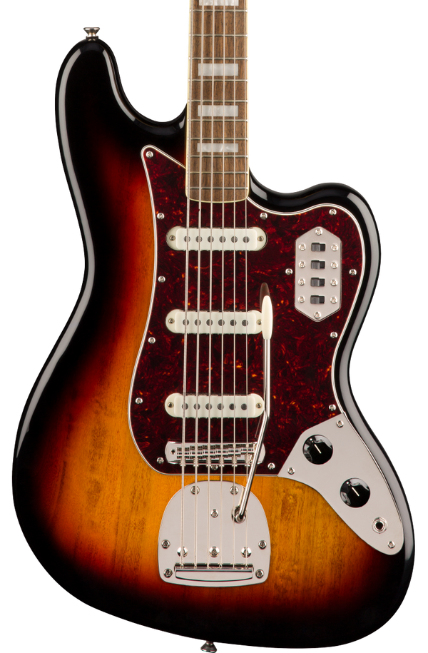 Front of Squier Classic Vibe Bass VI 3-Color Sunburst.