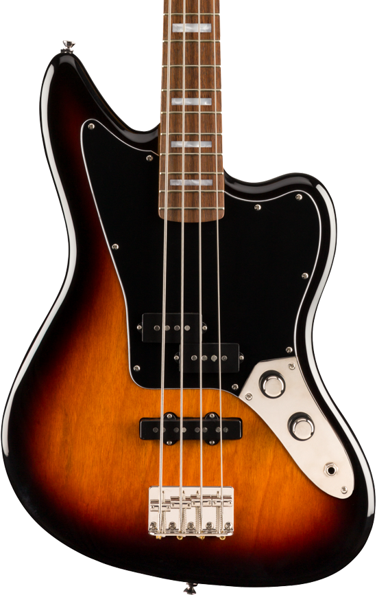 Front Squier Classic Vibe Jaguar Bass 3-Color Sunburst.